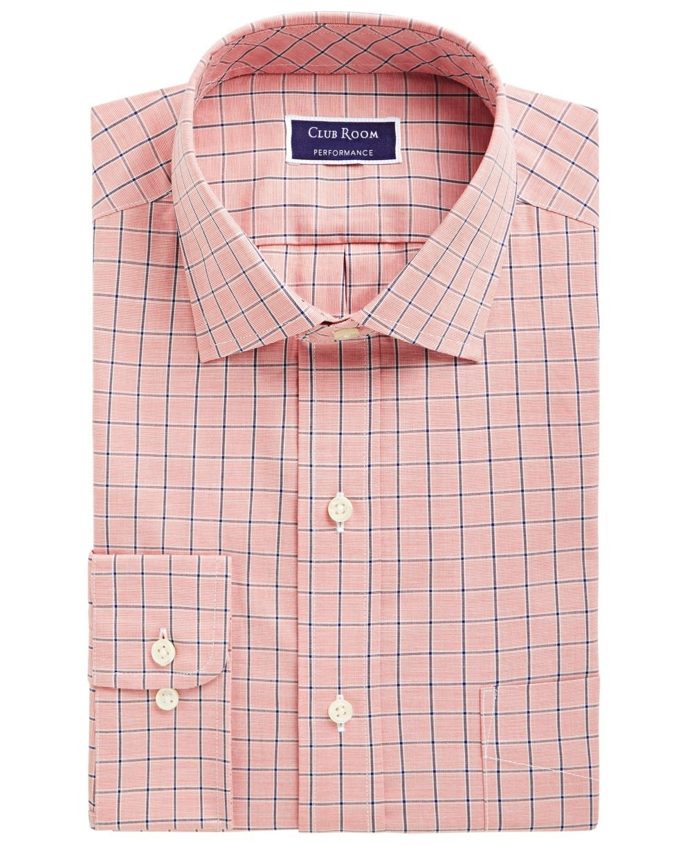 Club Room Men's Classic Regular Fit Performance Windowpane Dress Shirt Orange Size 16X34X35