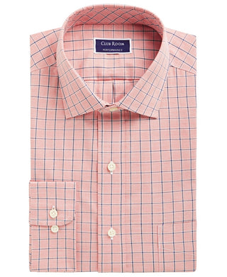Club Room Men's Classic Regular Fit Performance Windowpane Dress Shirt Orange Size 16X34X35