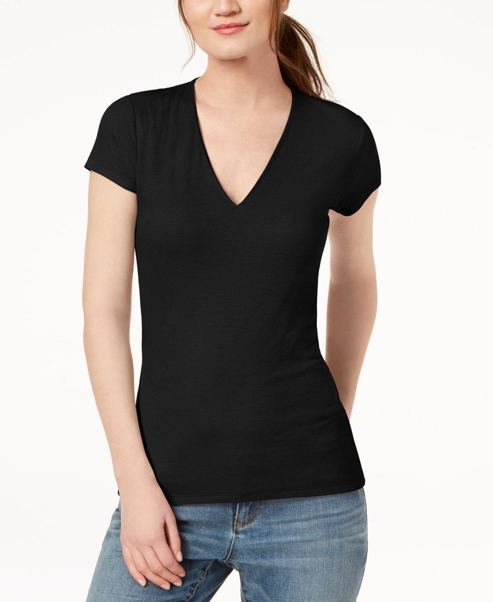 INC International Concepts Women's Ribbed V Neck Top Black Size Large