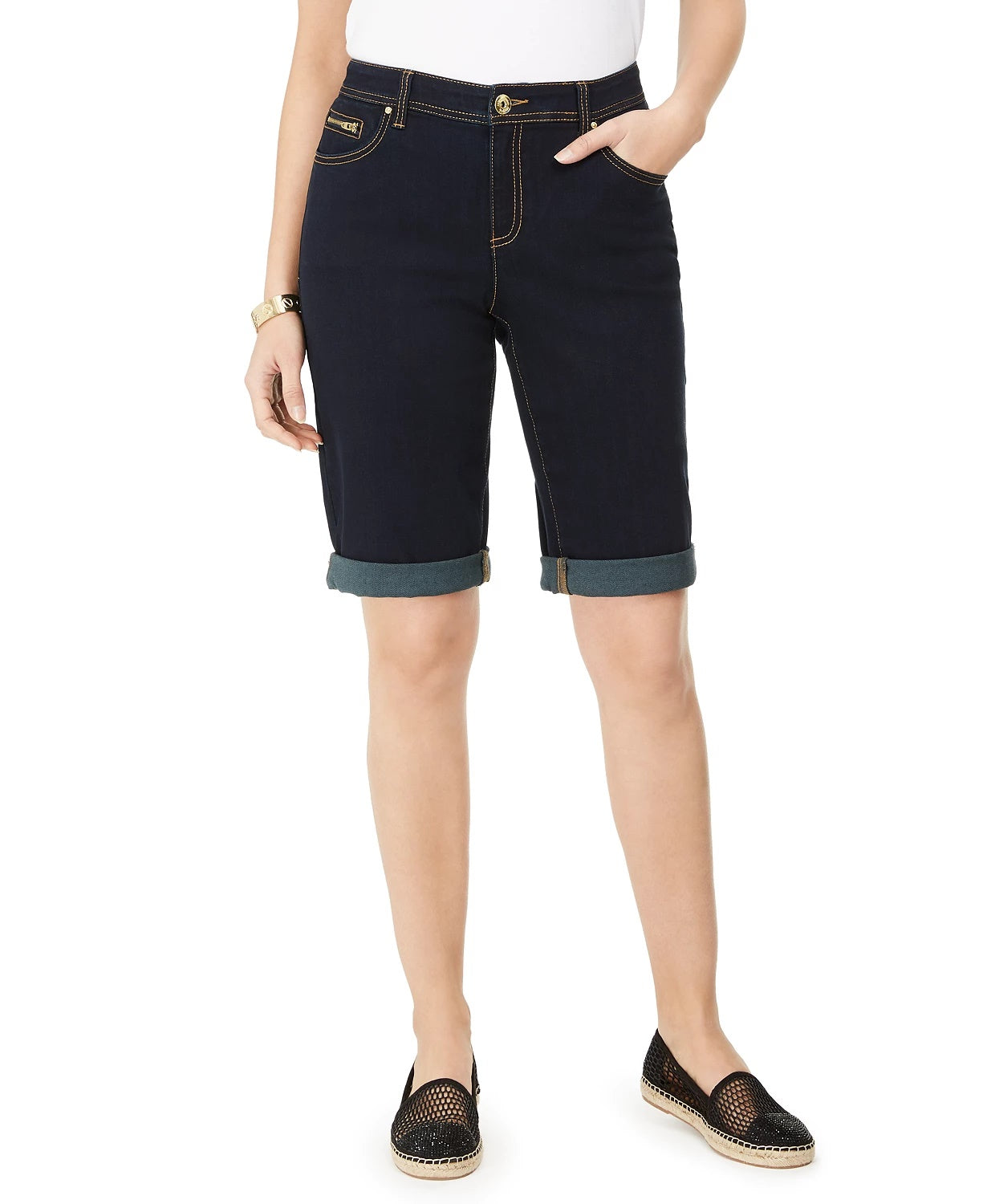 INC International Concepts Women's Curvy-Fit Tikglo Cuffed Denim Shorts Blue Size 8