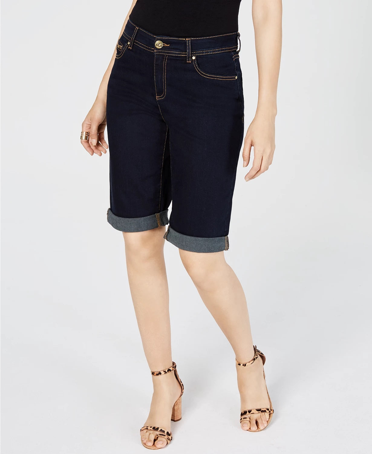 INC International Concepts Women's Curvy-Fit Tikglo Cuffed Denim Shorts Blue Size 8