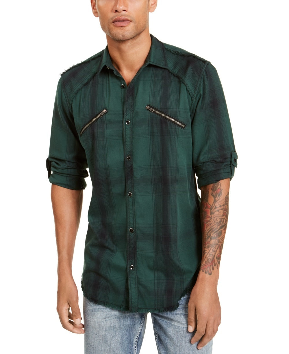 INC International Concepts Men's Plaid Utility Shirt Green Size Large