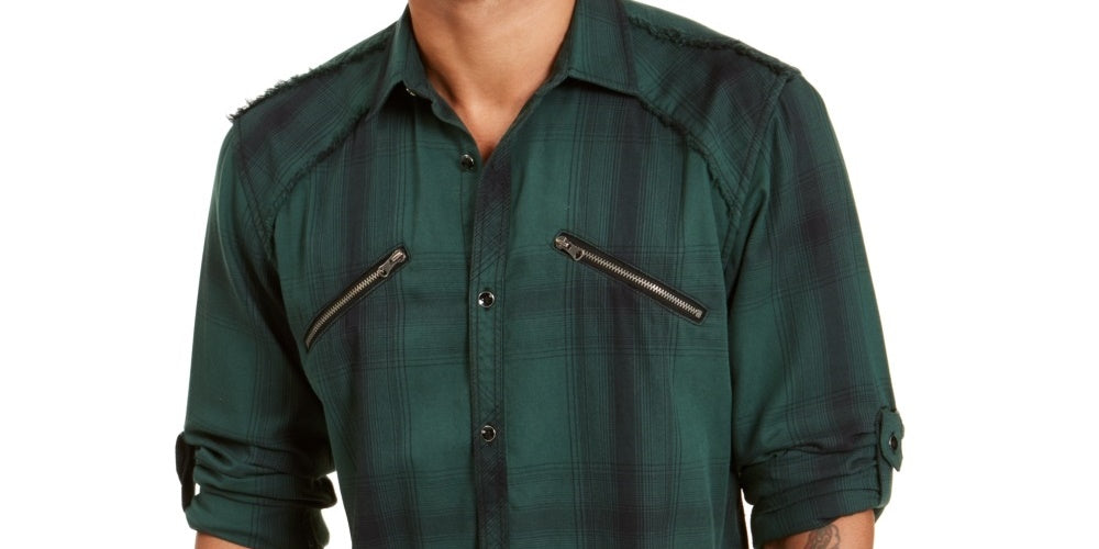 INC International Concepts Men's Plaid Utility Shirt Green Size Large