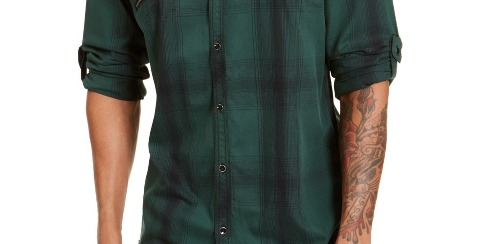 INC International Concepts Men's Plaid Utility Shirt Green Size Large