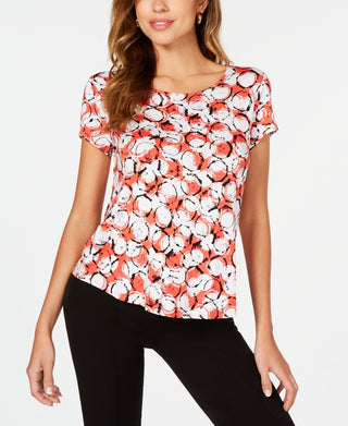 Alfani Women's Printed Round Hem T Shirt Red Size PM