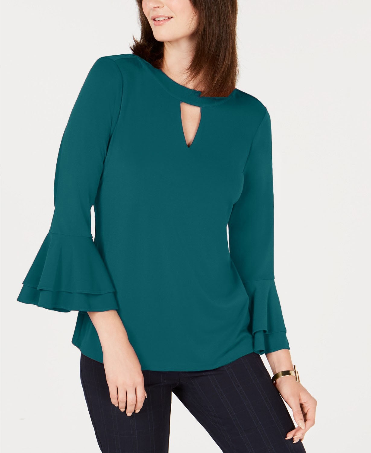 Charter Club Women's Bell-Sleeve Keyhole Top Dark Green Size Medium
