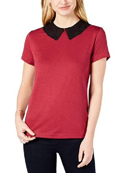Maison Jules Women's Lace-Collar Top Dark Red Size Small