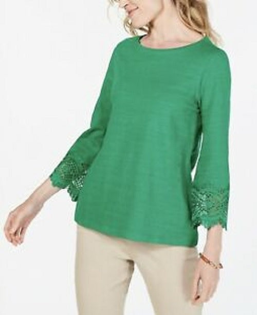 Charter Club Women's Cotton Lace-Trim Top Dark Green Size Medium