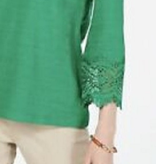 Charter Club Women's Cotton Lace-Trim Top Dark Green Size Medium