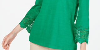 Charter Club Women's Cotton Lace Trim Top Green Size Small
