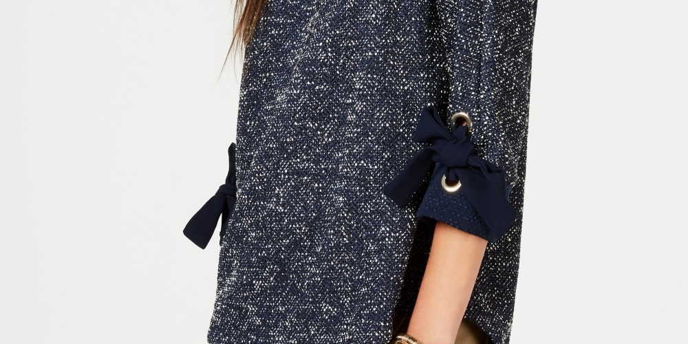 Charter Club Women's 3/4 Sleeve Bow Trim Top Blue Size Large