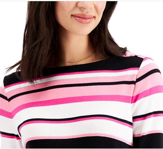 Charter Club Women's Pima Cotton Button Shoulder Stripe Top Pink Size XX-Large
