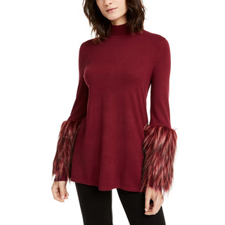 Alfani Women's Faux Fur Cuff Mock Neck Sweater Wine Size M