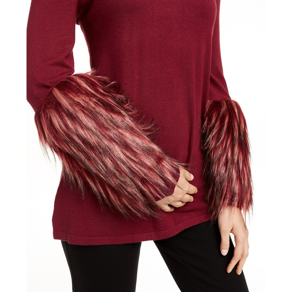 Alfani Women's Faux Fur Cuff Mock Neck Sweater Wine Size M