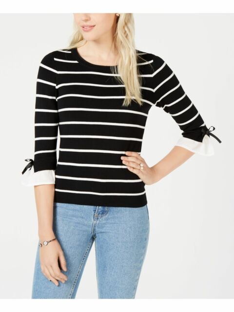 Maison Jules Women's Striped Bow Trim Sweater Black Size X-Large