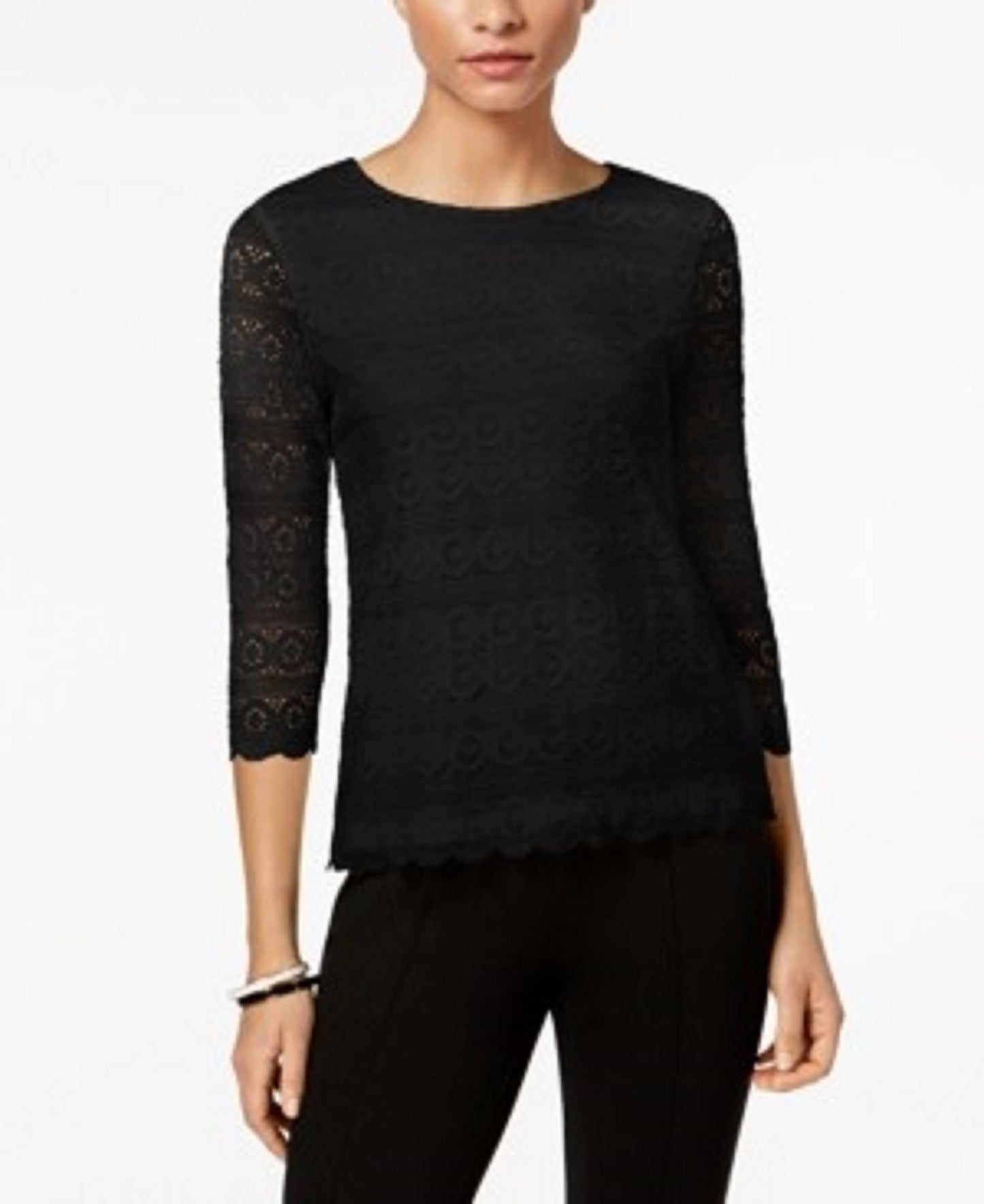 Charter Club Women's Petite Lace 3/4-Sleeve Top Black Size  Medium