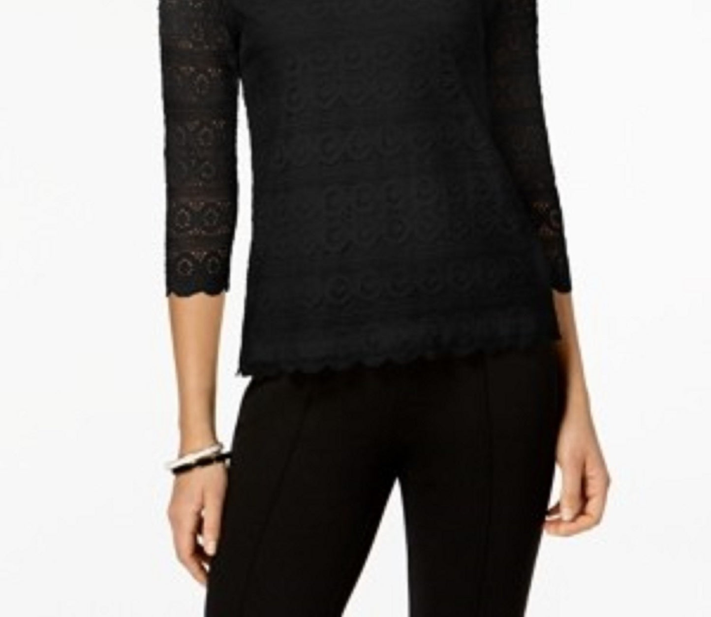 Charter Club Women's Petite Lace 3/4-Sleeve Top Black Size  Medium