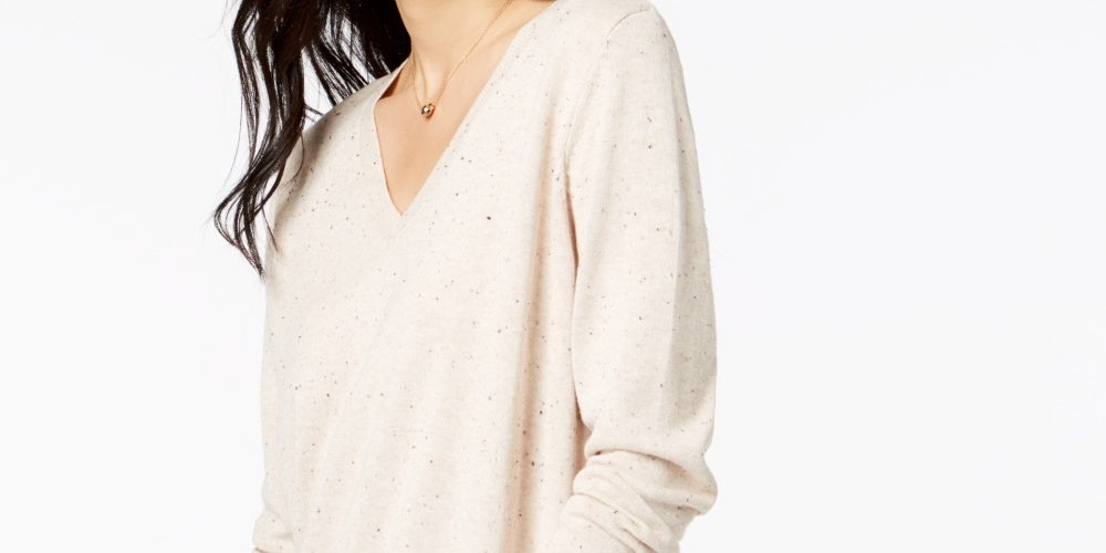 Maison Jules Women's Cotton V Neck Tunic Sweater Heather Fleck Beige Size Large