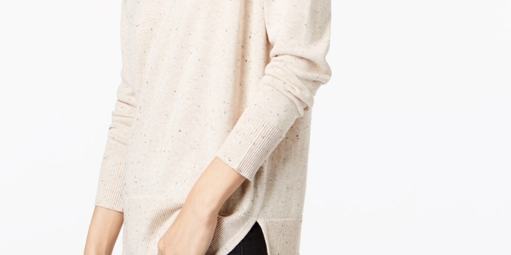 Maison Jules Women's Cotton V Neck Tunic Sweater Heather Fleck Beige Size Large