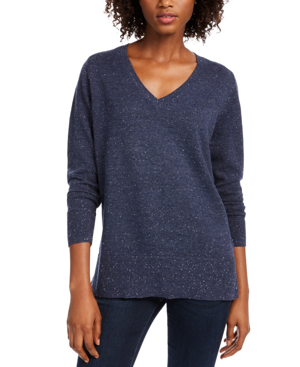 Maison Jules Women's Cotton V Neck Tunic Sweater  Blue Size Small