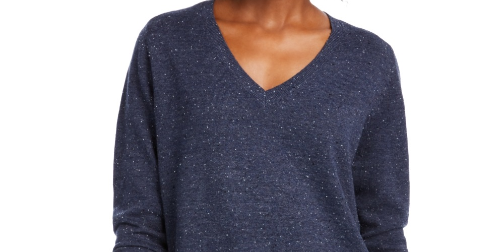 Maison Jules Women's Cotton V Neck Tunic Sweater  Blue Size Small