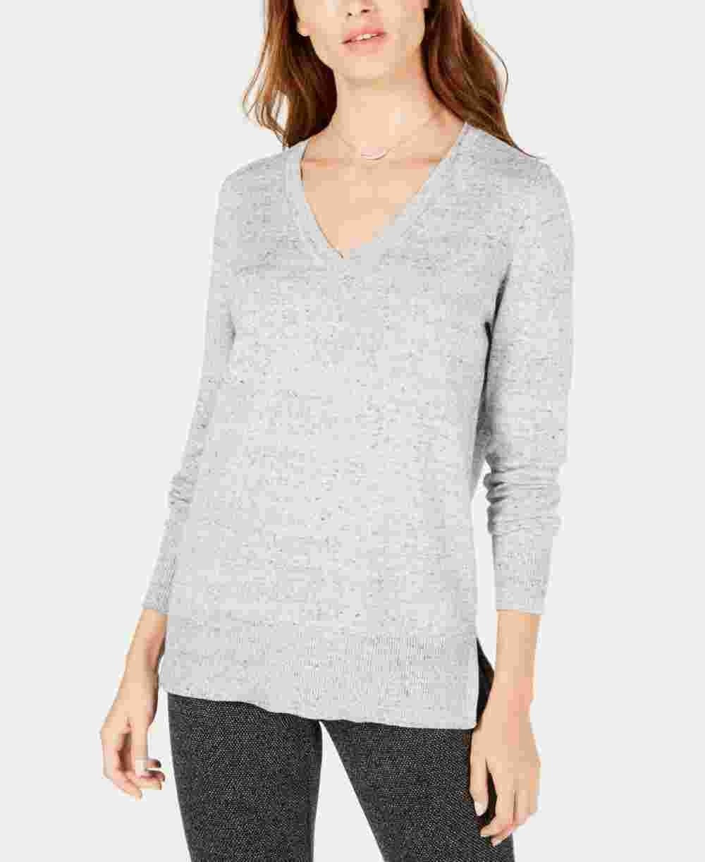 Maison Jules Women's Cotton V Neck Tunic Sweater Grey Size Large