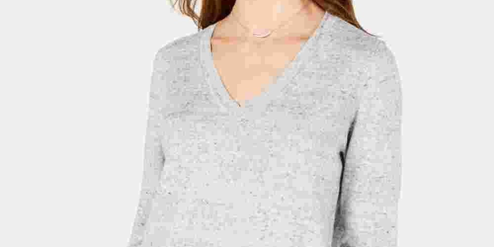 Maison Jules Women's Cotton V Neck Tunic Sweater Grey Size Large
