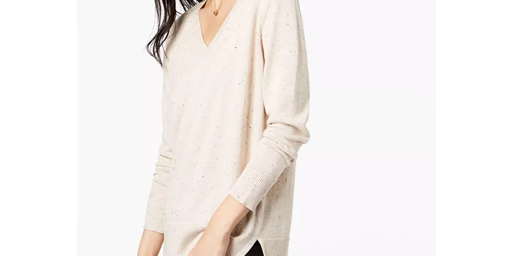 Maison Jules Women's Cotton V Neck Tunic Sweater Gray Size Small