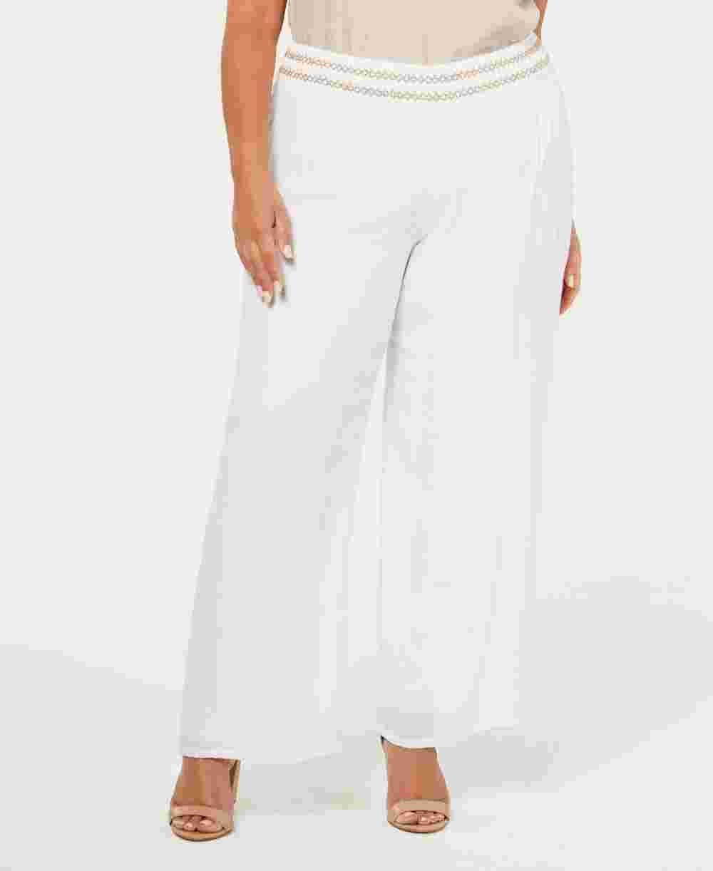 JM Collection Women's Lined Gauze Pull On Pants White Size 2X