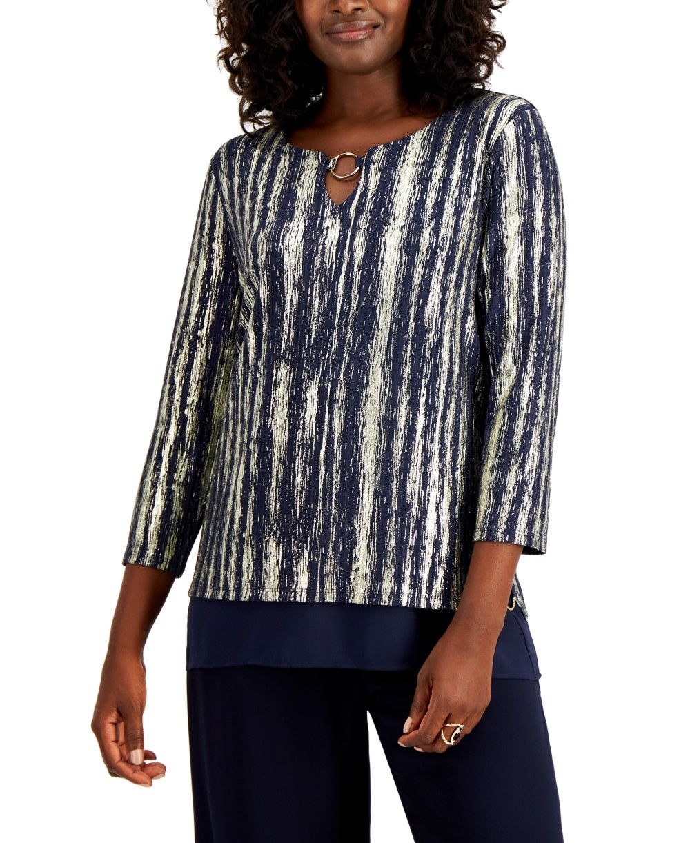 JM Collection Women's Metallic O-Ring Keyhole Top Blue Size Small