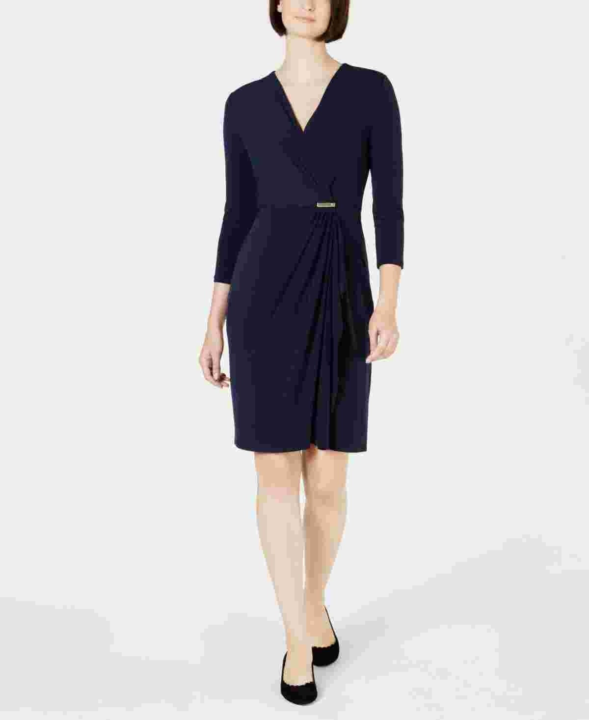 Charter Club Women's Hardware Faux Wrap Dress Blue Size Small