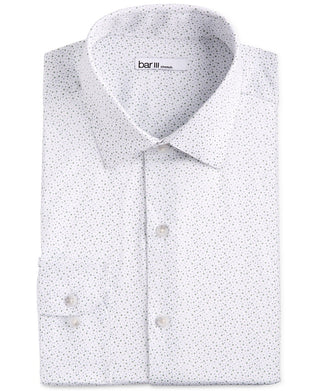 Bar III Men's Polka Dot Collared Semi Fitted Fit Stretch Dress Shirt White Size 14.5X32-33