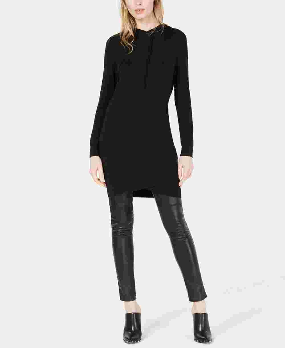 Bar III Women's Black Hooded Long Sleeve Crew Neck Tunic Sweater Black Size Small