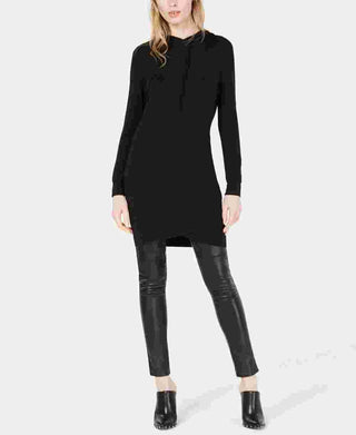 Bar III Women's Black Hooded Long Sleeve Crew Neck Tunic Sweater Black Size Small
