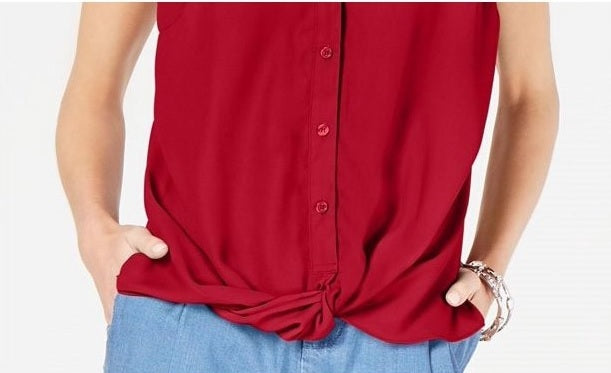 INC International Concepts Women's Twist Front Button Up Top Red Size Petite X-Large