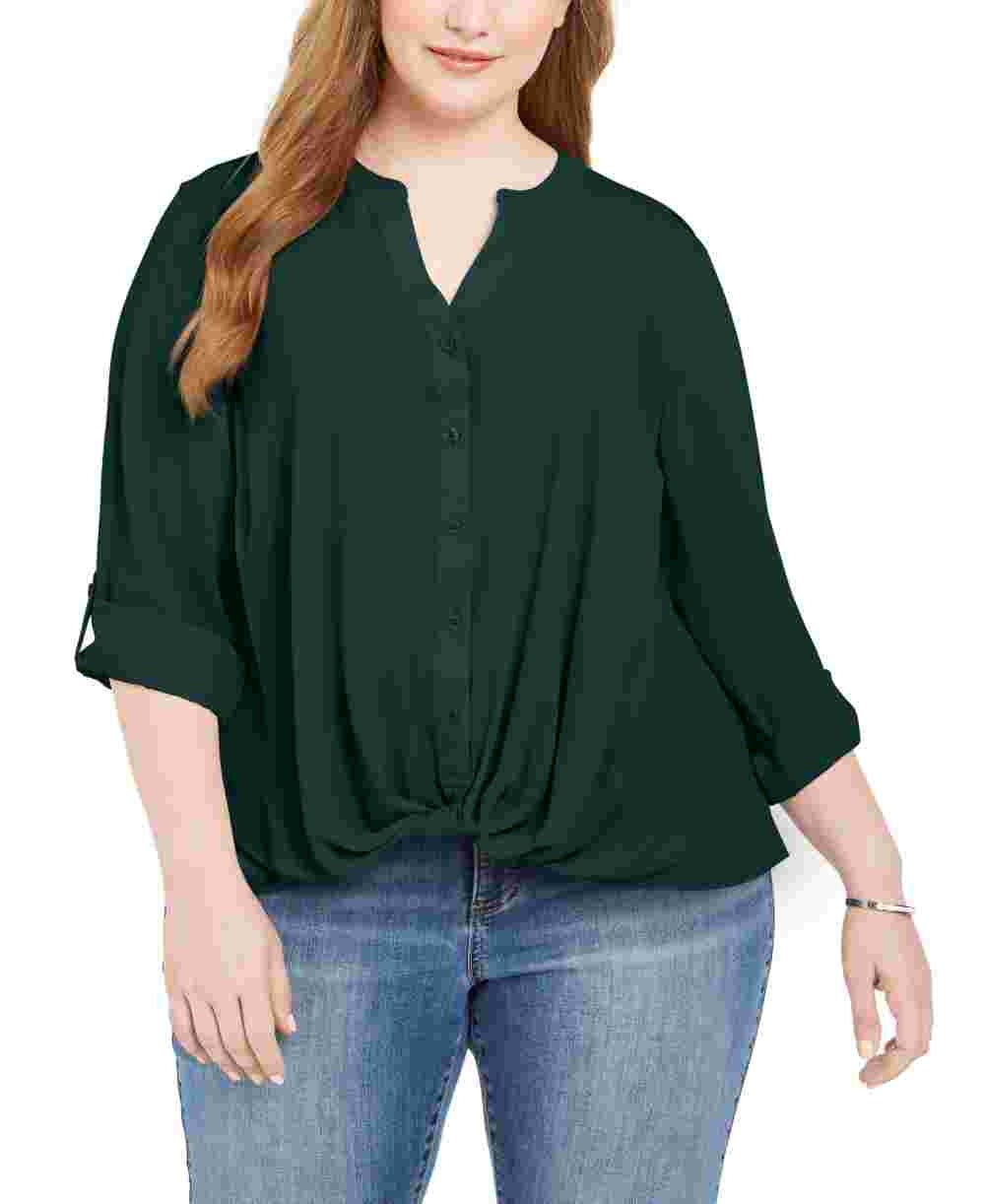 INC International Concepts Women's Plus Size Twist-Front Shirt Green Size 4X