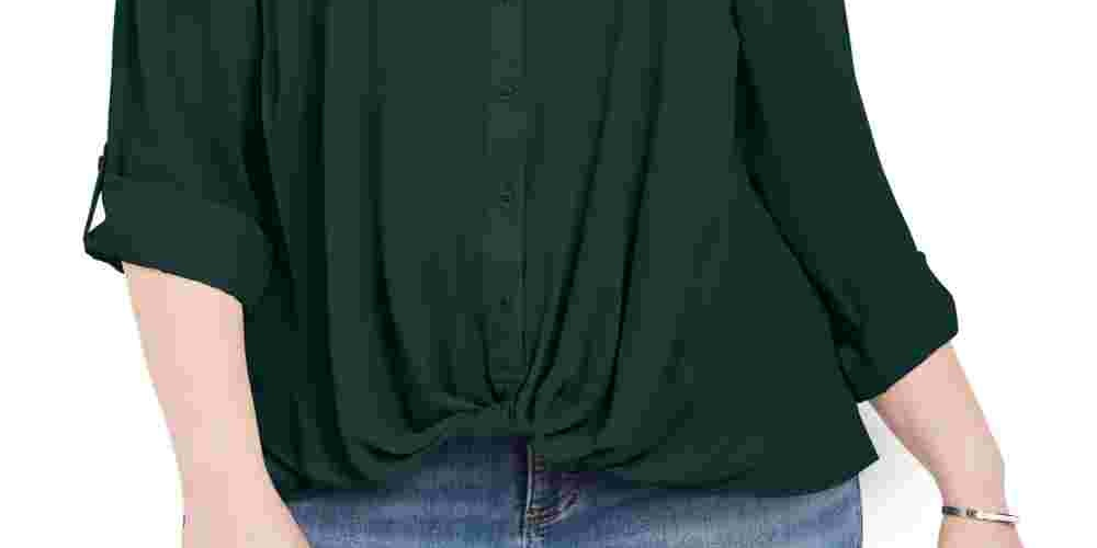 INC International Concepts Women's Plus Size Twist-Front Shirt Green Size 4X