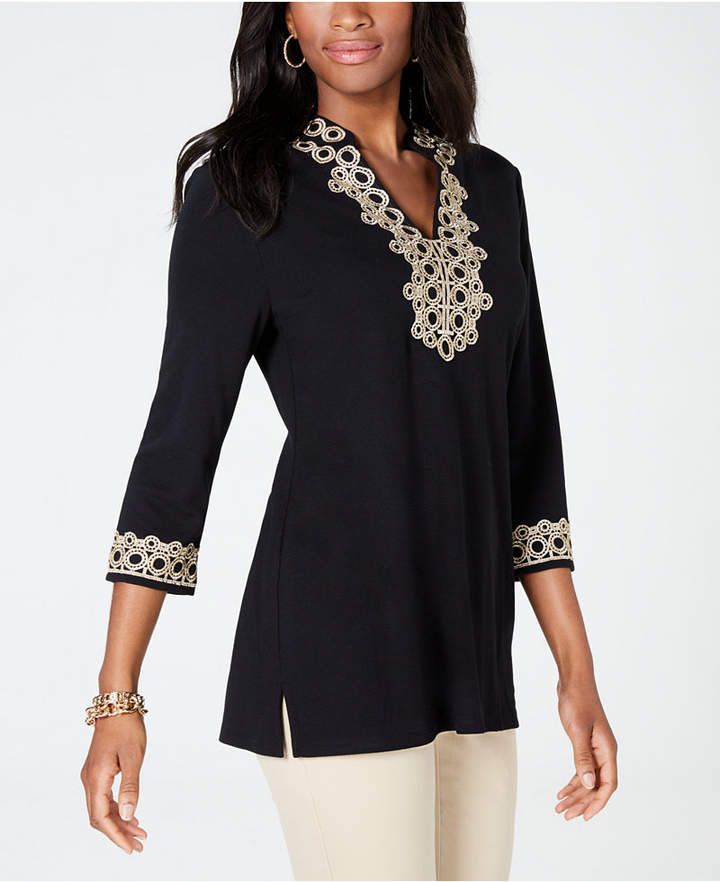 Charter Club Women's Lace Trim Tunic Top Black Size Medium