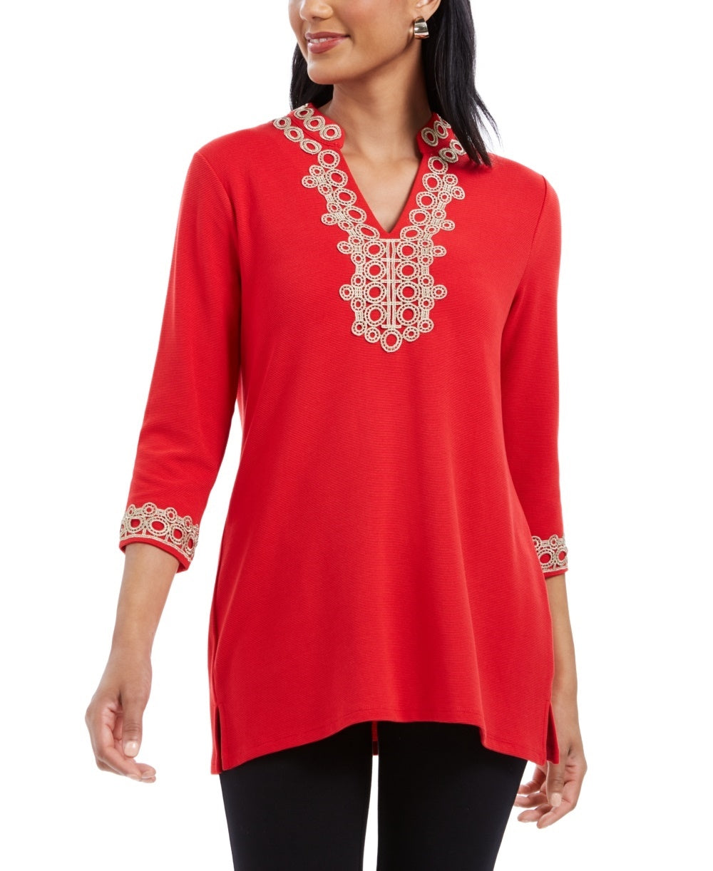 Charter Club Women's 3/4 Sleeve Textured Tunic Red Size Petite Medium
