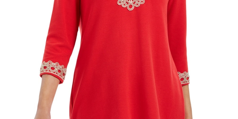 Charter Club Women's 3/4 Sleeve Textured Tunic Red Size Petite Medium