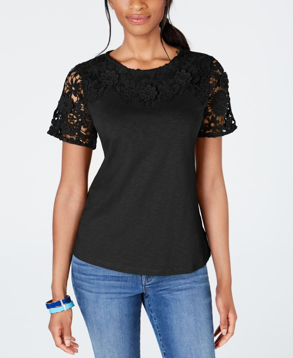 Charter Club Women's Cotton Lace Embellished T-Shirt  Black Size Medium
