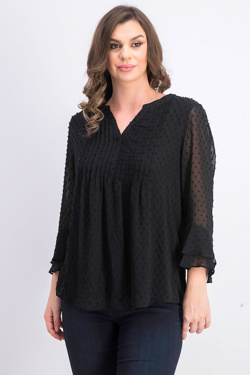 Charter Club Women's Double-Ruffle Textured Pintuck Top Black Size XX Large