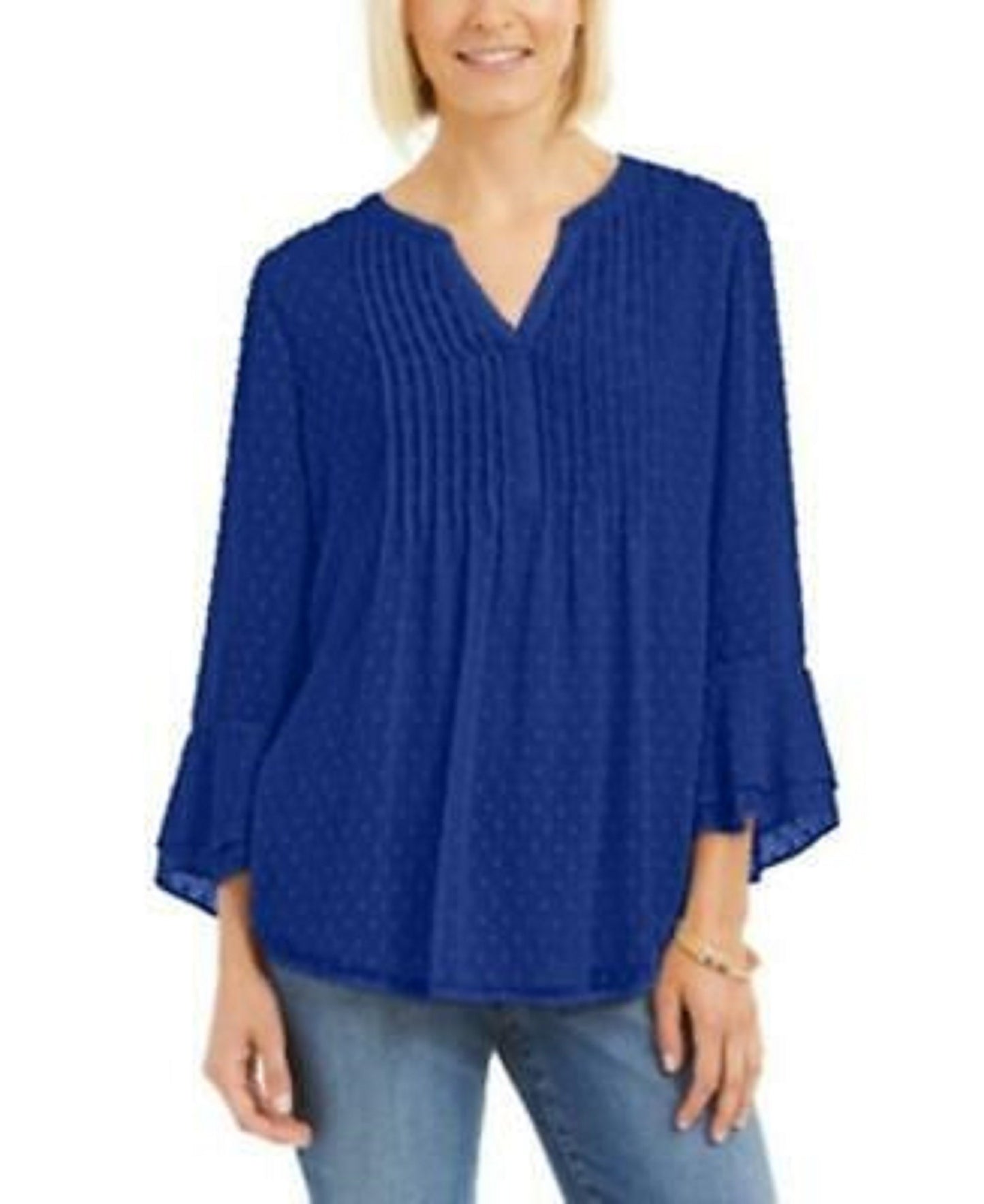 Charter Club Women's Petite Double-Ruffle Textured Pintuck Top Blue Size Petite