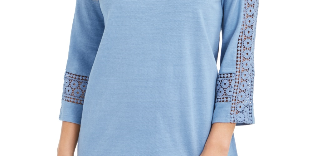 Charter Club Women's Petite Crochet-Sleeve Top Blue Petite X-Large