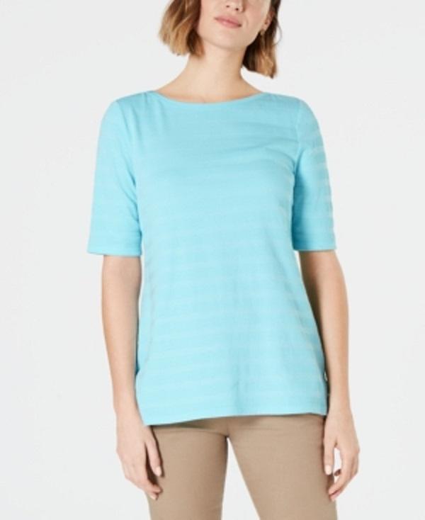 Charter Club Women's Cotton Texture Striped Elbow Sleeve Top Turq Aqua Size X-Small