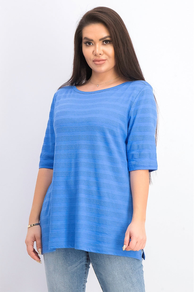 Charter Club Women's Cotton Texture-Striped Elbow-Sleeve Top Blue Size Medium
