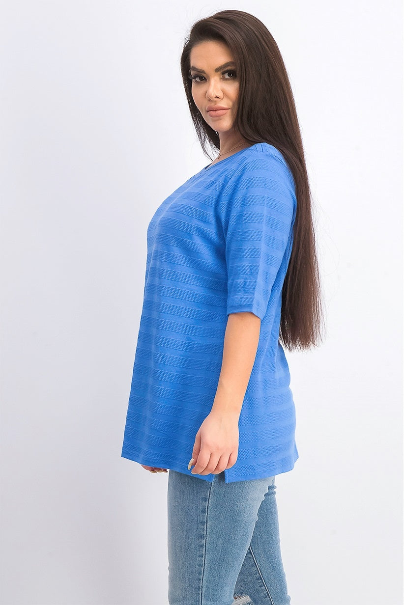 Charter Club Women's Cotton Texture-Striped Elbow-Sleeve Top Blue Size Medium