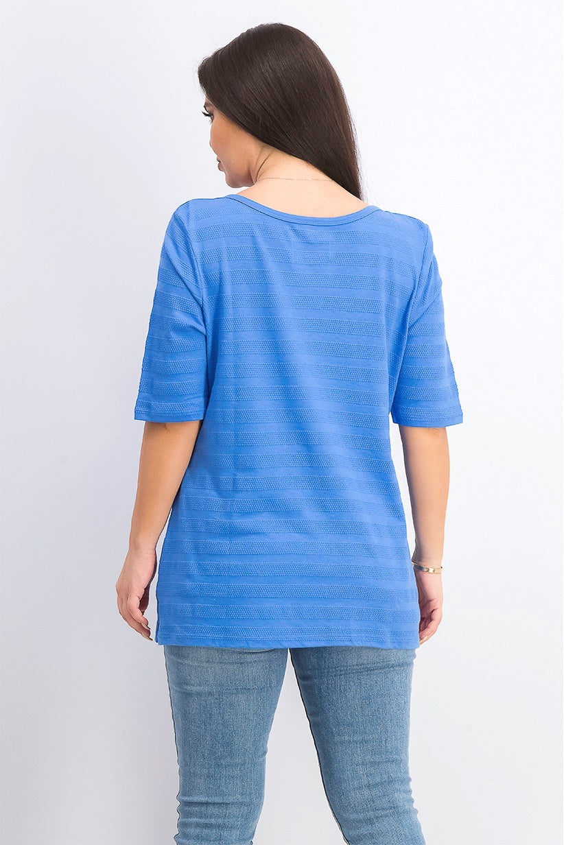 Charter Club Women's Cotton Texture-Striped Elbow-Sleeve Top Blue Size Medium