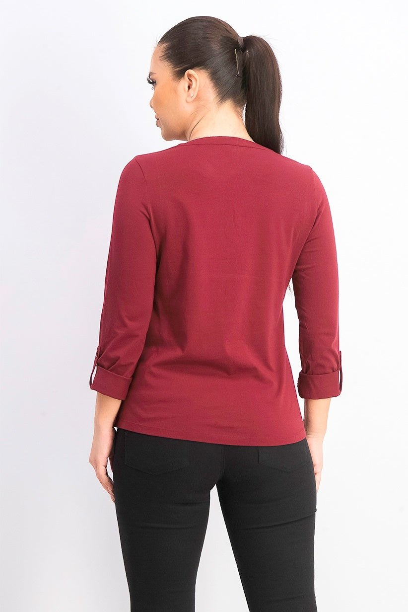 Charter Club Women's Supima Cotton Split-Neck Top Dark Red Size Large
