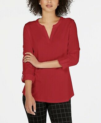 Charter Club Women's Supima Cotton Split-Neck Top Red Size Small